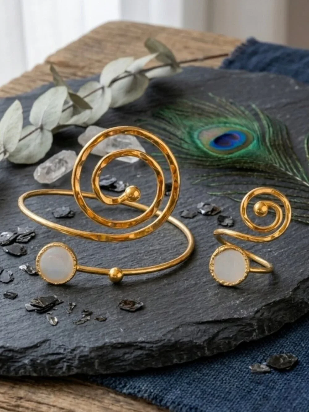 Turkish Artisanal 18K Gold Plated Spiral Set MOP Ring and Bracelet Boho